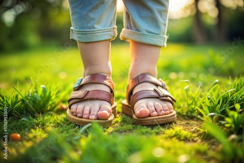 Child’s feet in brown sandals on sunlit grass close-up