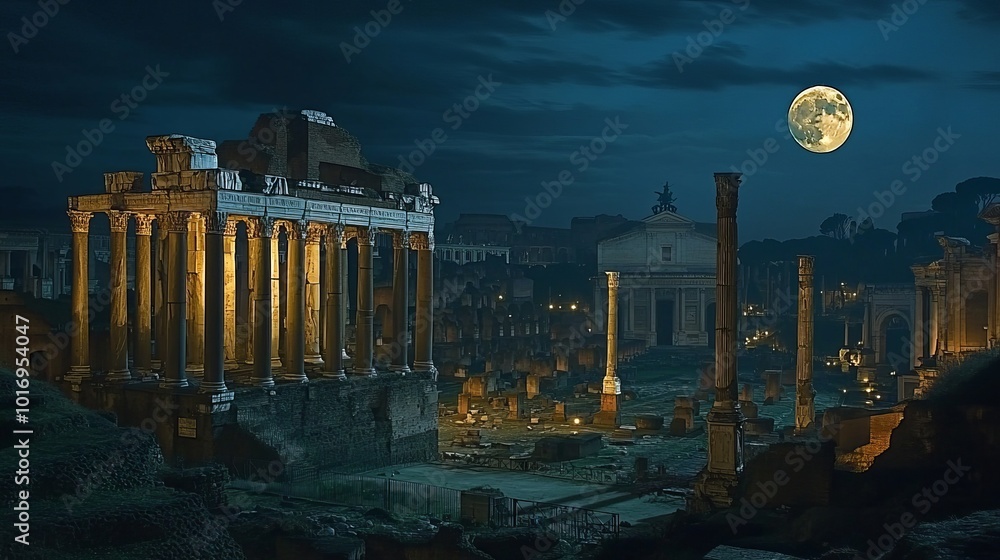 Fototapeta premium Night View of the Forum Romanum in Rome, Italy – A Stunning Display of Ancient Ruins Illuminated Under the Night Sky, Showcasing the Architectural and Historical Grandeur of the Roman Empire