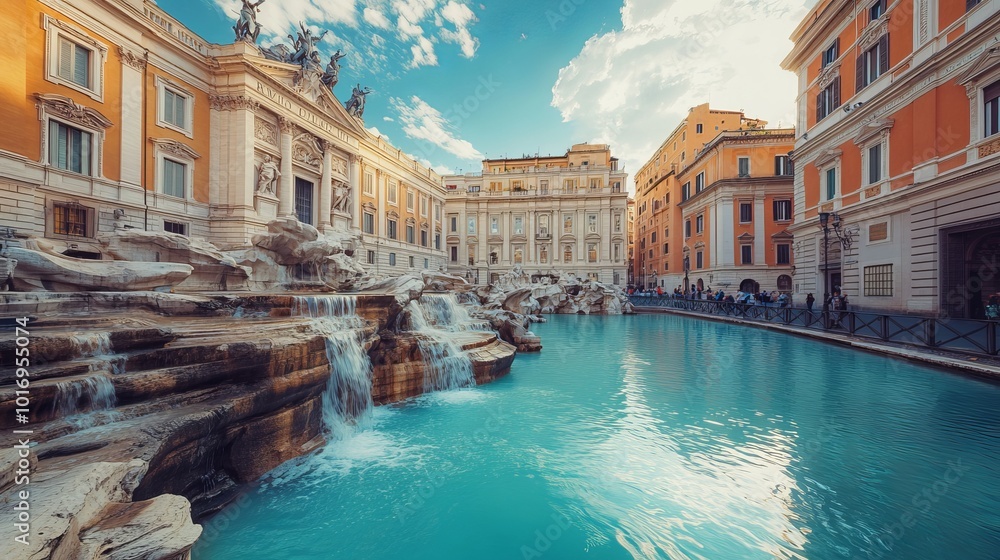 Naklejka premium View of the Trevi Fountain (Fontana di Trevi) in Rome, Italy – The City’s Most Famous Baroque Fountain and Architectural Landmark