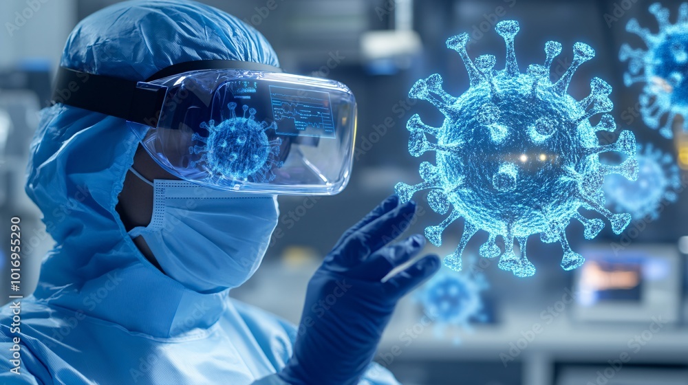 A scientist wearing VR glasses and holding their hand out to touch the virtual, computerized virus model floating in front of them, symbolizing futuristic medical research on virtual reality for healt A scientist wearing VR glasses and holding their hand out to touch the virtual, computerized virus model floating in front of them, symbolizing futuristic medical research on virtual reality for healt