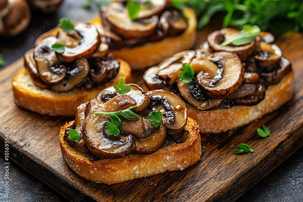 mushroom crostini arranged beautifully on wooden platter for evening gathering mushroom crostini arranged beautifully on wooden platter for evening gathering