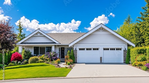 A white, single-story rambler home with a three-car garage, large driveway, and lush backyard landscaping is shown on a summer day with blue skies.