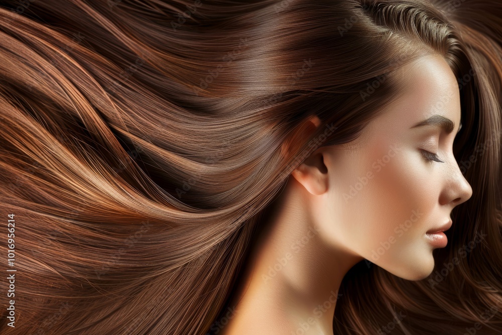 A woman shows off her long, healthy hair captured in soft light. Close-up A woman shows off her long, healthy hair captured in soft light. Close-up