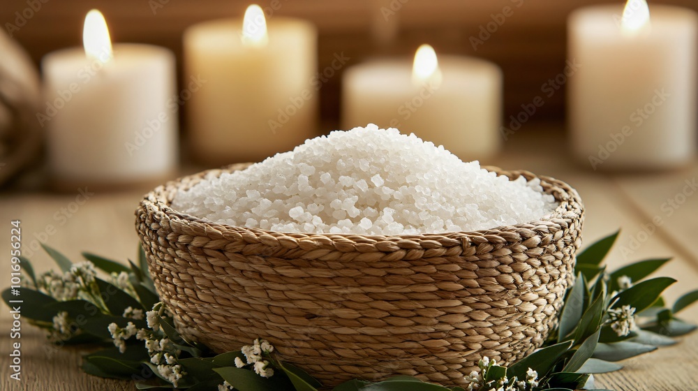 A woven basket filled with organic bath salts, isolated on a natural wood background with candles and greenery A woven basket filled with organic bath salts, isolated on a natural wood background with candles and greenery