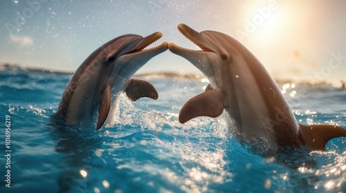 Two dolphins meet in a synchronized leap above the water, symbolizing unity, connection, and the harmony of the marine world in a moment of serene beauty. photo