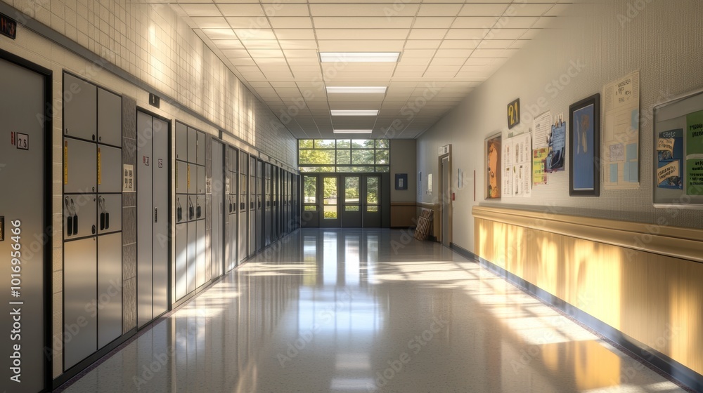 A school hallway with storage cabinets lining the walls, providing ample space for students to store their belongings. A school hallway with storage cabinets lining the walls, providing ample space for students to store their belongings.