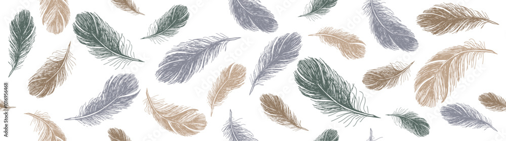 Feathers pattern on white background, Hand drawn sketch style.
Feathers pattern on white background, Hand drawn sketch style.