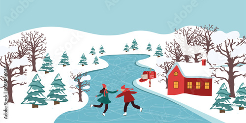 Christmas, winter landscape, skating rink. Vector.