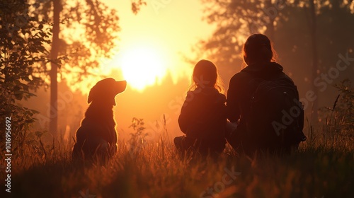 A heartwarming family scene as a parent and child sit with their dog in the grass at sunrise, enveloped by the beauty of nature in a wildlife setting. photo