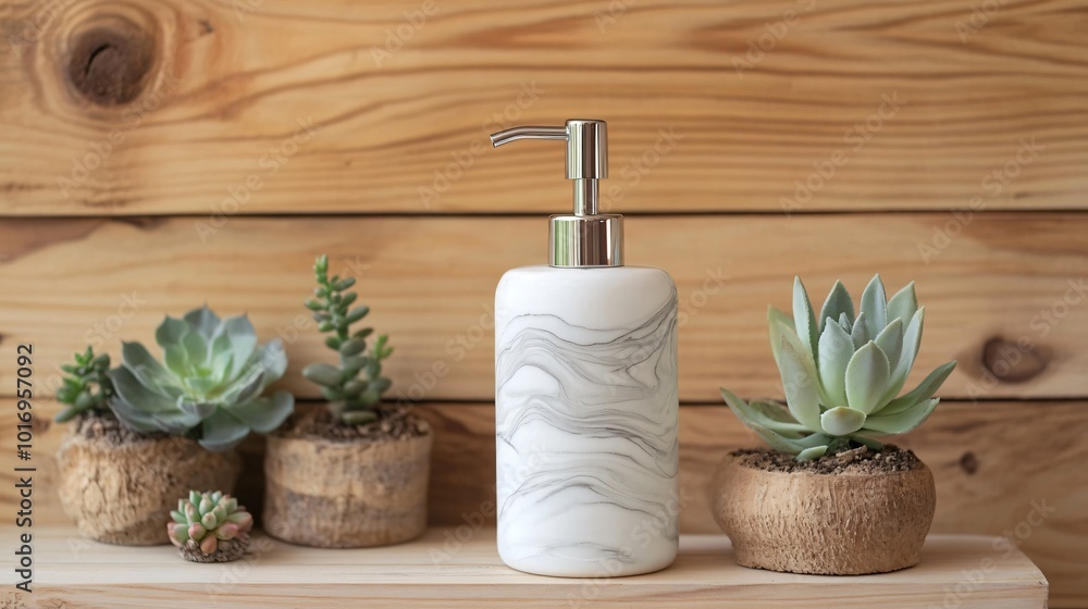 Elegant soap dispenser made of marble, isolated on a light wood background with small succulent plants Elegant soap dispenser made of marble, isolated on a light wood background with small succulent plants