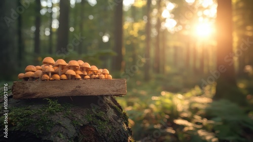 A large arrangement of brown mushrooms perched on a log, illuminated by dappled sunlight surrounded by a lush, peaceful forest environment. photo