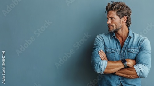 A confident man with a rugged look, wearing a denim shirt, stands with crossed arms against a plain wall, showcasing a casual yet assertive demeanor.