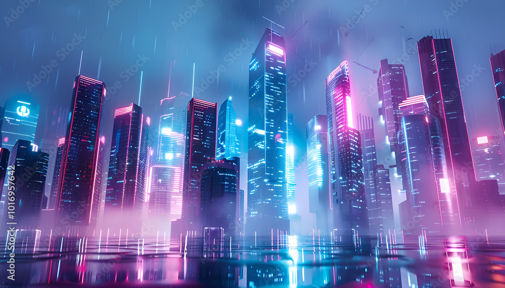 Futuristic cityscape with holographic buildings and neon lights, showcasing advanced architectural planning Futuristic cityscape with holographic buildings and neon lights, showcasing advanced architectural planning