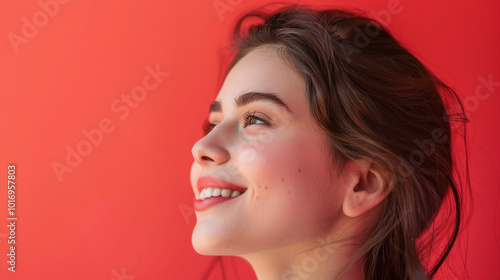 Side view young happy woman, close up, mock up area isolated on light red background