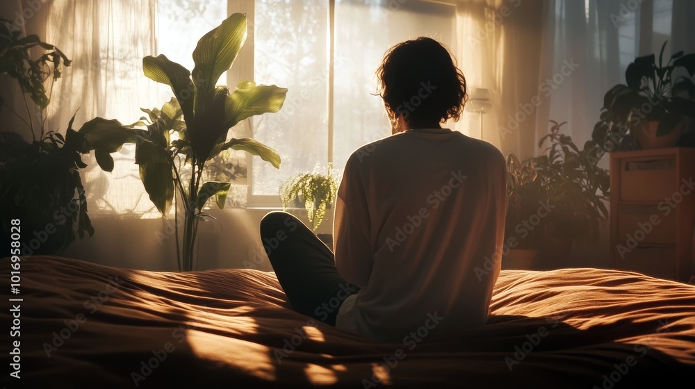 Person Sitting on Edge of Bed in Morning Light, Thoughtful Person Sitting on Edge of Bed in Morning Light, Thoughtful