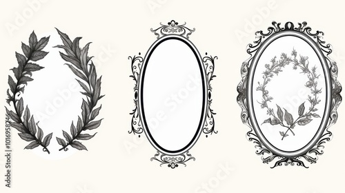 for product labels black and white text frames with plant leaves in the center oval 