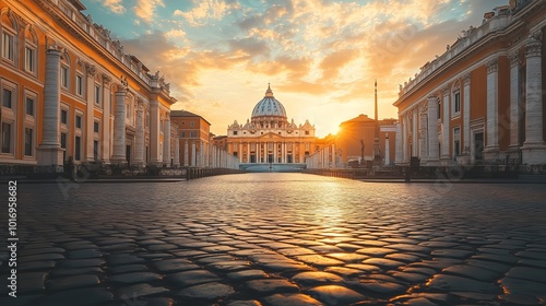 Stunning Sunset Views of St. Peter's Basilica: A Serene Evening along Via della Conciliazione in Vatican City