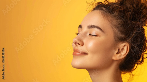 Side view young happy woman, close up, mock up area isolated on light yellow background