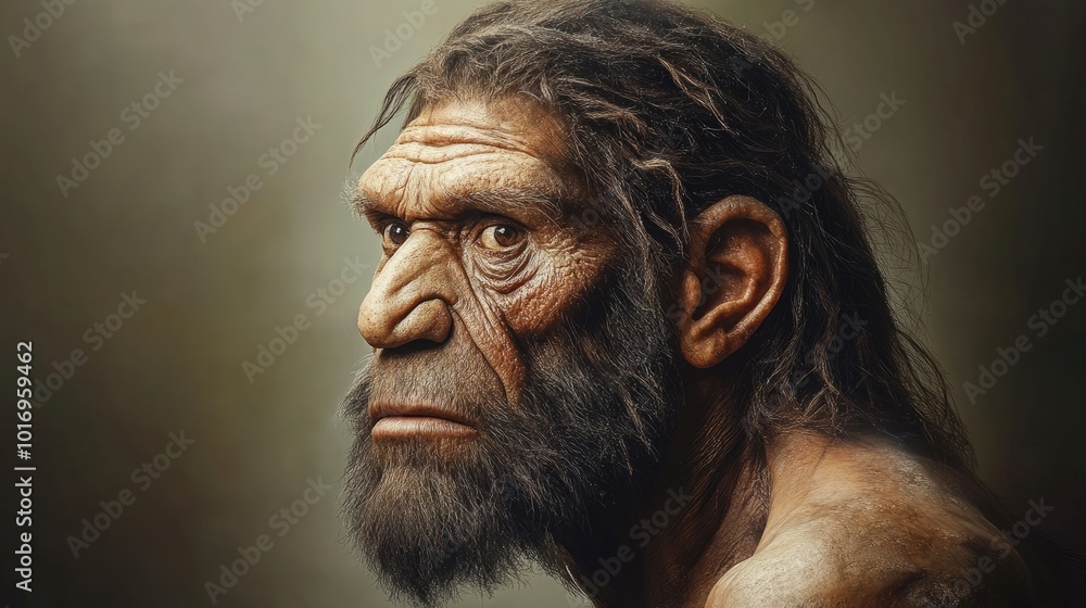 A close-up portrait of a Neanderthal man with a serious expression, his distinctive brow ridge and powerful build are highlighted against a soft, neutral backdrop. A close-up portrait of a Neanderthal man with a serious expression, his distinctive brow ridge and powerful build are highlighted against a soft, neutral backdrop.