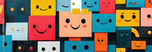 Colorful rectangles with facial expressions, blending geometric shapes and cute characters-