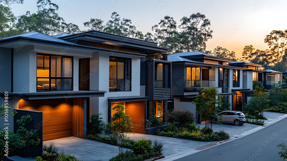 A row of contemporary townhouses showcasing sleek modern architecture with clean lines, large windows, and a minimalist facade. This image highlights the harmony between urban living and modern design A row of contemporary townhouses showcasing sleek modern architecture with clean lines, large windows, and a minimalist facade. This image highlights the harmony between urban living and modern design