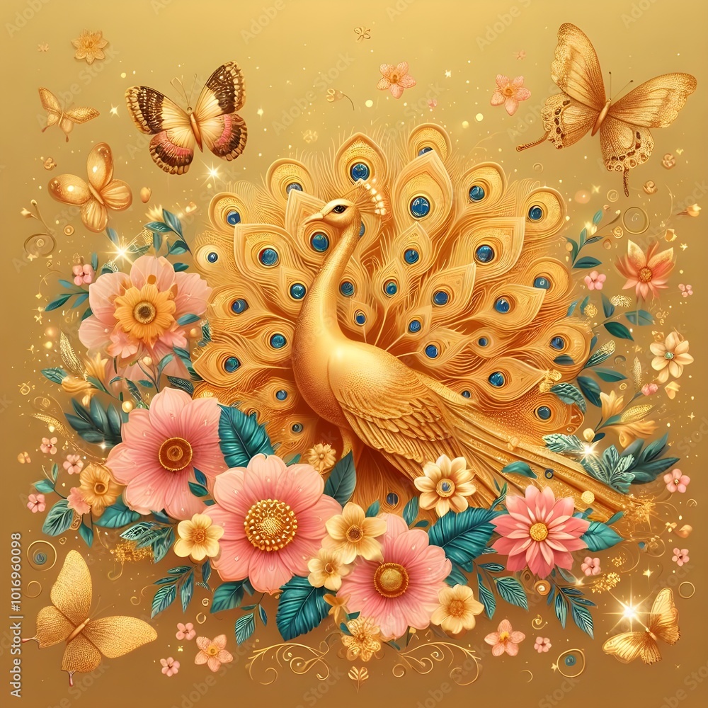 Fototapeta premium Flowers and a peacock surround a peacock golden with colored roses 