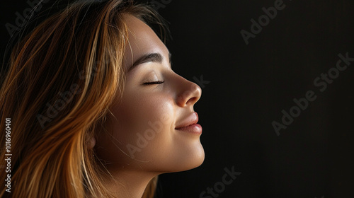 Side view young happy woman, close up, mock up area isolated on plain black background