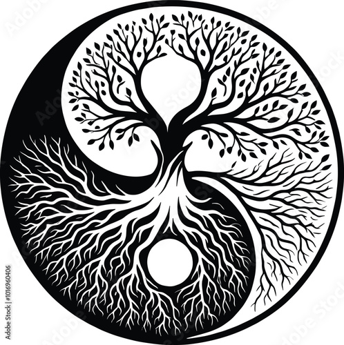 Yin yang Tree of Life tribal vector black, generative ai, vector illustration.