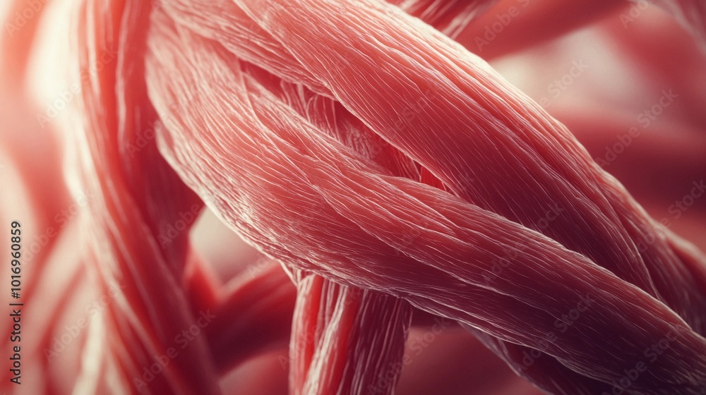 close-up image of human muscle tendons, fibrous tissue connection, detailed anatomical structure, flexible and strong fibers, realistic texture