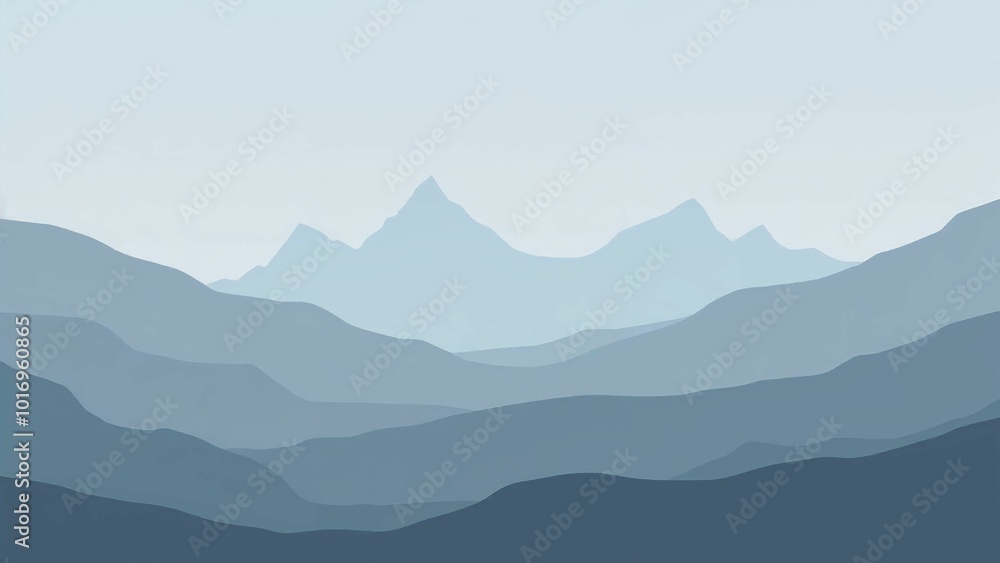 Fototapeta premium A minimalist illustration of layered blue mountains, creating a calm and serene atmosphere , copy space