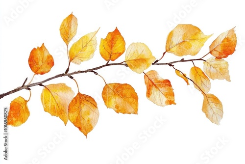 Watercolor Orange Autumn Leaves on Branch Generative AI