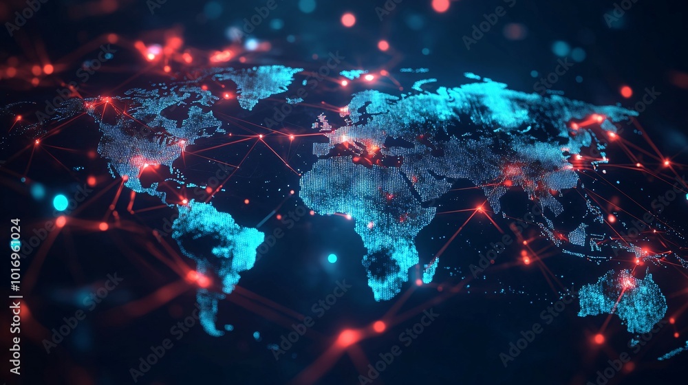 Digital World Map with Red Connections and Blue Pixels Digital World Map with Red Connections and Blue Pixels