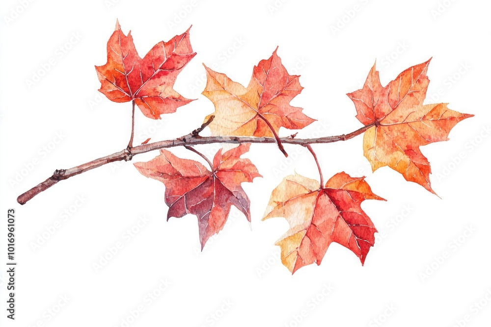 Watercolor Branch with Autumn Leaves Generative AI Watercolor Branch with Autumn Leaves Generative AI