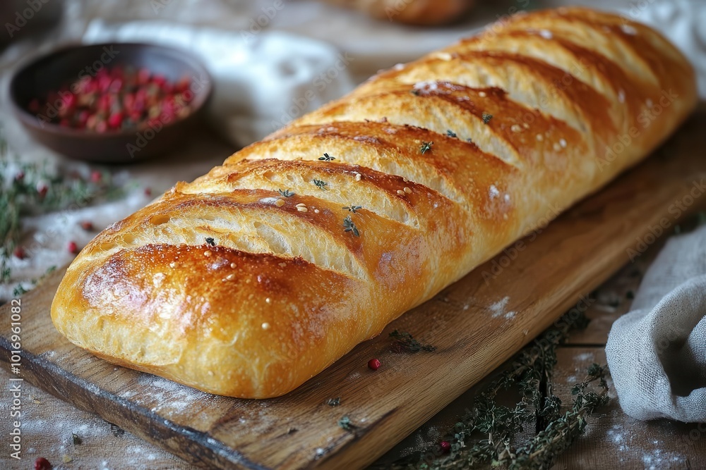 golden freshly baked baguette resting on a rustic wooden board capturing the texture of the crust and warmth of freshly made bread inviting all to experience the delight of french cuisine golden freshly baked baguette resting on a rustic wooden board capturing the texture of the crust and warmth of freshly made bread inviting all to experience the delight of french cuisine