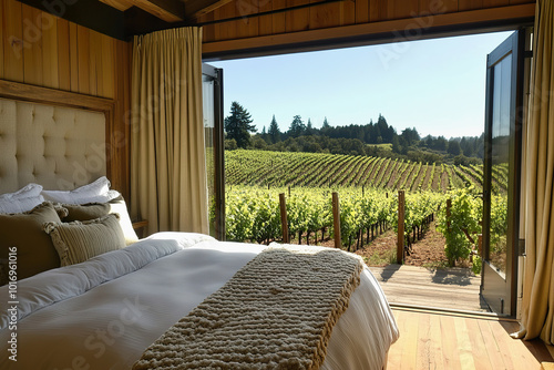 Relaxing views from wine country accommodation overlooking lush vineyards at sunrise