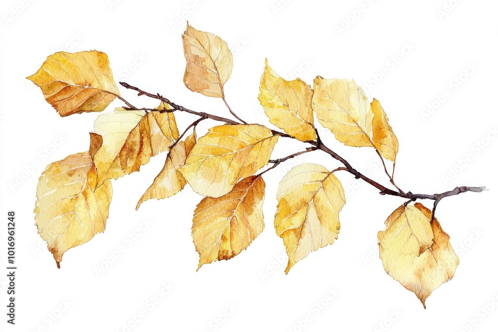 Watercolor Branch with Yellow Autumn Leaves Generative AI Watercolor Branch with Yellow Autumn Leaves Generative AI