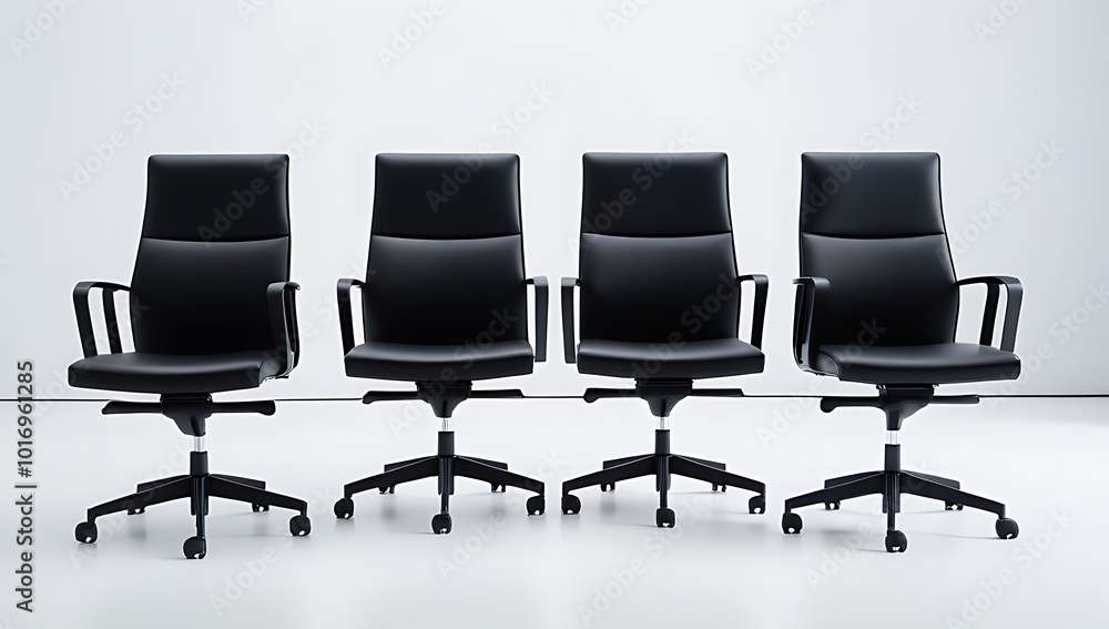 minimalist scene featuring five sleek black office chairs situated pristine white surface minimalist scene featuring five sleek black office chairs situated pristine white surface