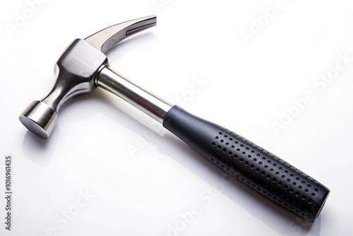 Metal hammer with black handle on white background