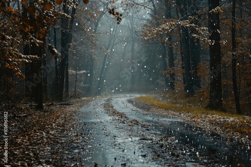 A rainy in forest outdoors autumn winter.