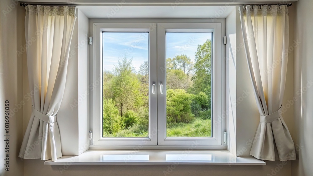 Metal plastic window with a white handle and curtain Wide-Angle Metal plastic window with a white handle and curtain Wide-Angle