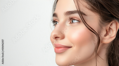 Side view young happy woman, close up, mock up area isolated on white background