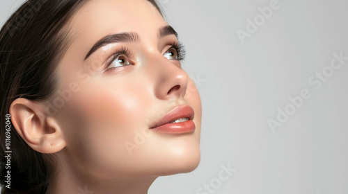 Side view young happy woman, close up, mock up area isolated on white background