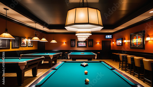 pool billiards table set engaging backdrop intriguing lighting fixtures bustling pool hall lively bar