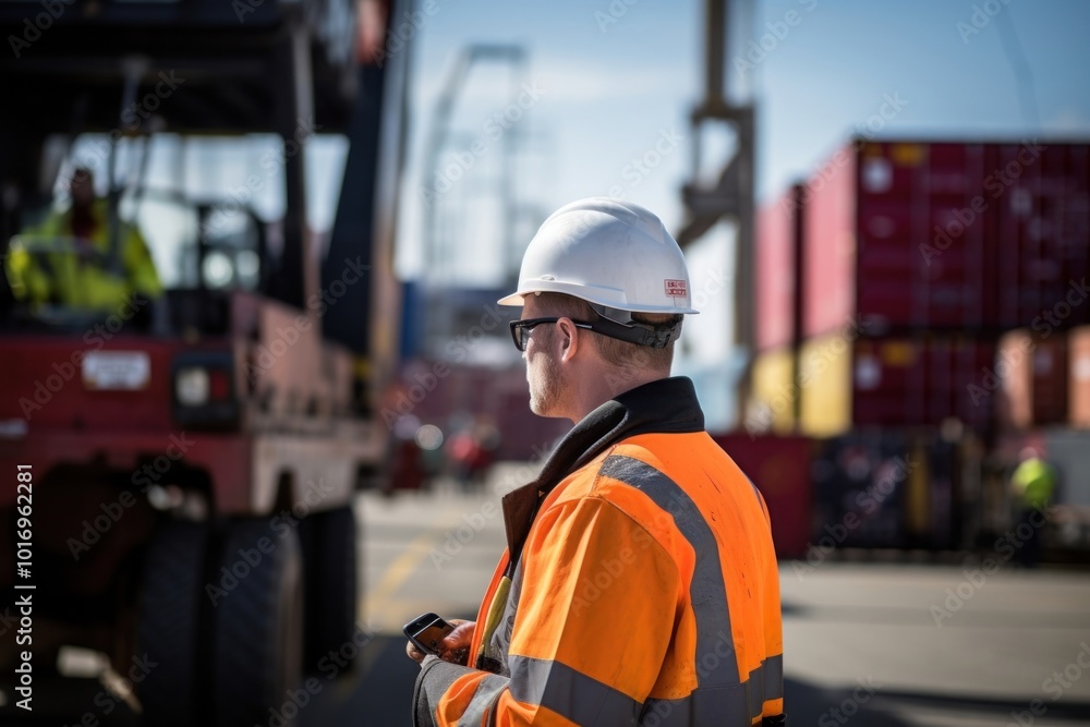 Worker in safety gear stands next to an industrial truck at the port bus transportation clothing. Worker in safety gear stands next to an industrial truck at the port bus transportation clothing.