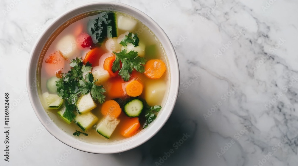 Fresh Vegetable Soup in a White Bowl on Marble Surface