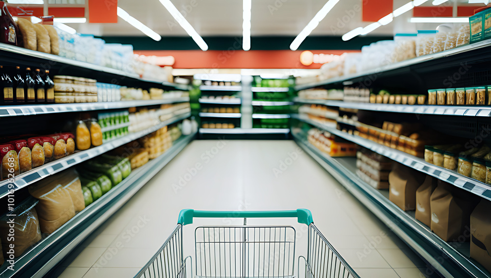 shopper stands beside empty cart amidst bustling supermarket surrounded rows waiting groceries awaiting selection shopper stands beside empty cart amidst bustling supermarket surrounded rows waiting groceries awaiting selection