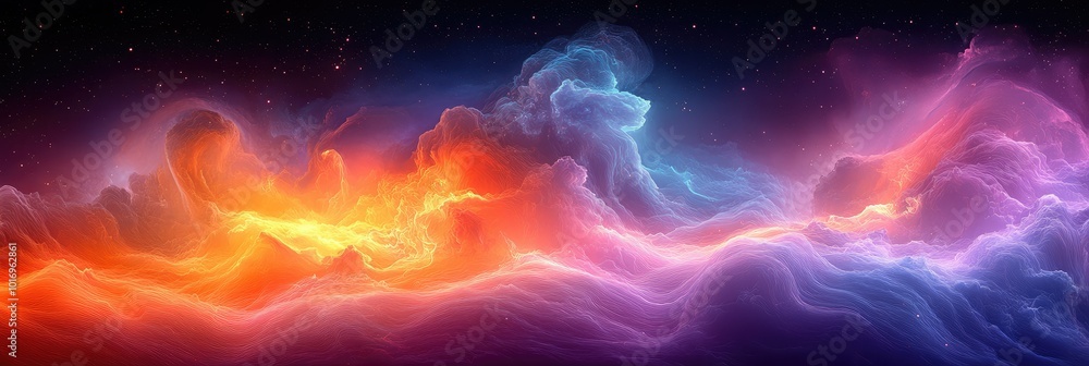 Vibrant gas and star filled nebula cloudscape panoramic banner in outer space Vibrant gas and star filled nebula cloudscape panoramic banner in outer space