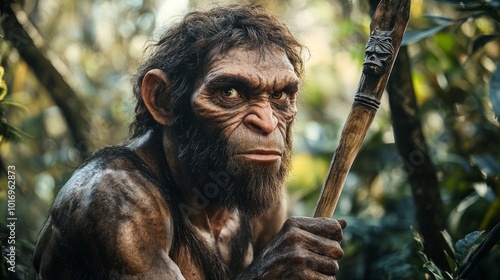 A Homo heidelbergensis man stands in a forest, holding a spear with a carved tip. His gaze is intense and determined, showcasing his survival instincts. photo