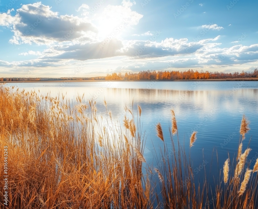 Golden autumn trees by a serene lake under a clear blue sky with sunlight reflecting on the water Generative AI Golden autumn trees by a serene lake under a clear blue sky with sunlight reflecting on the water Generative AI