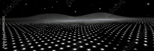 Panoramic abstract landscape with glowing dots forming a digital terrain under a starry sky